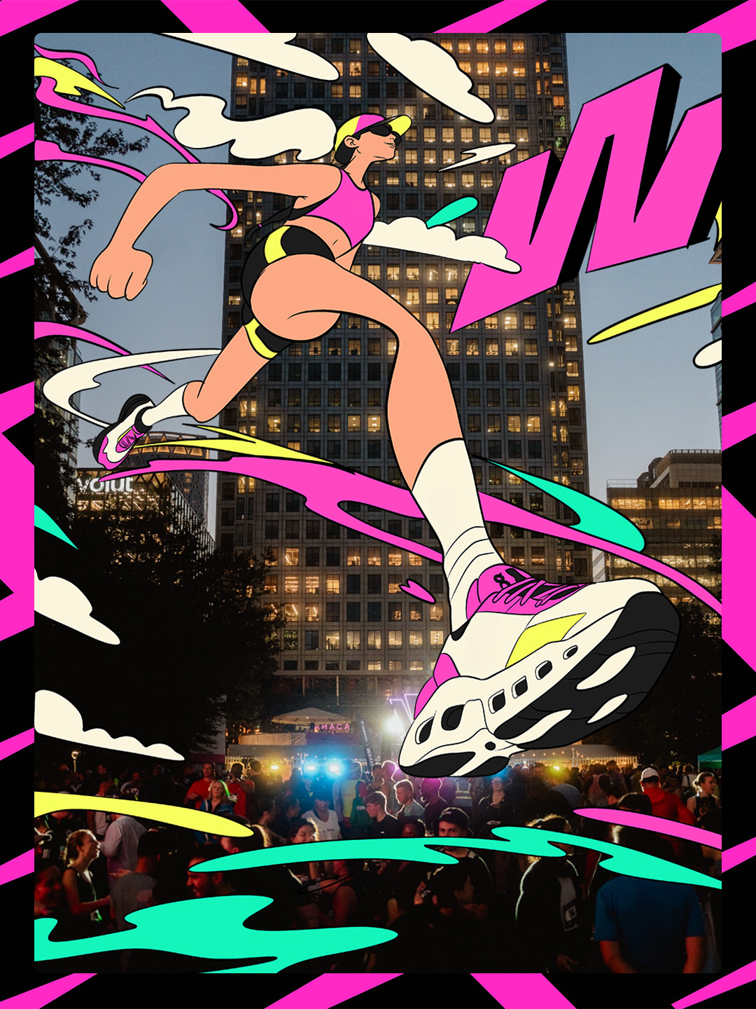 Illustrated runner moving through the Run The Wharf city setting