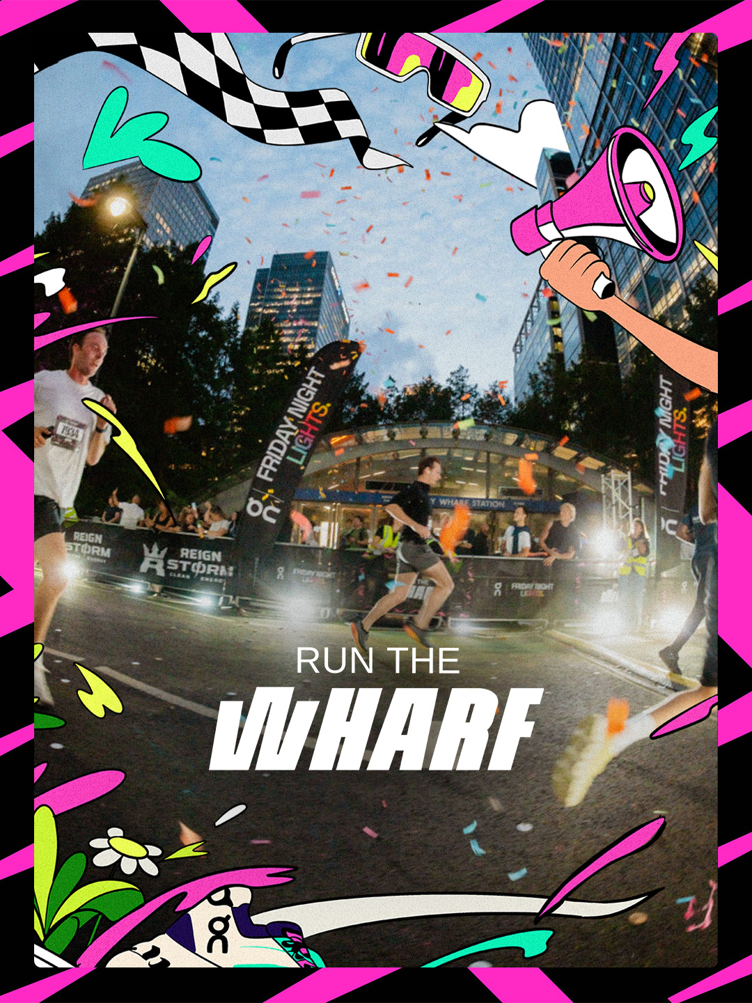 Run The Wharf identity and illustration applied to the race environment
