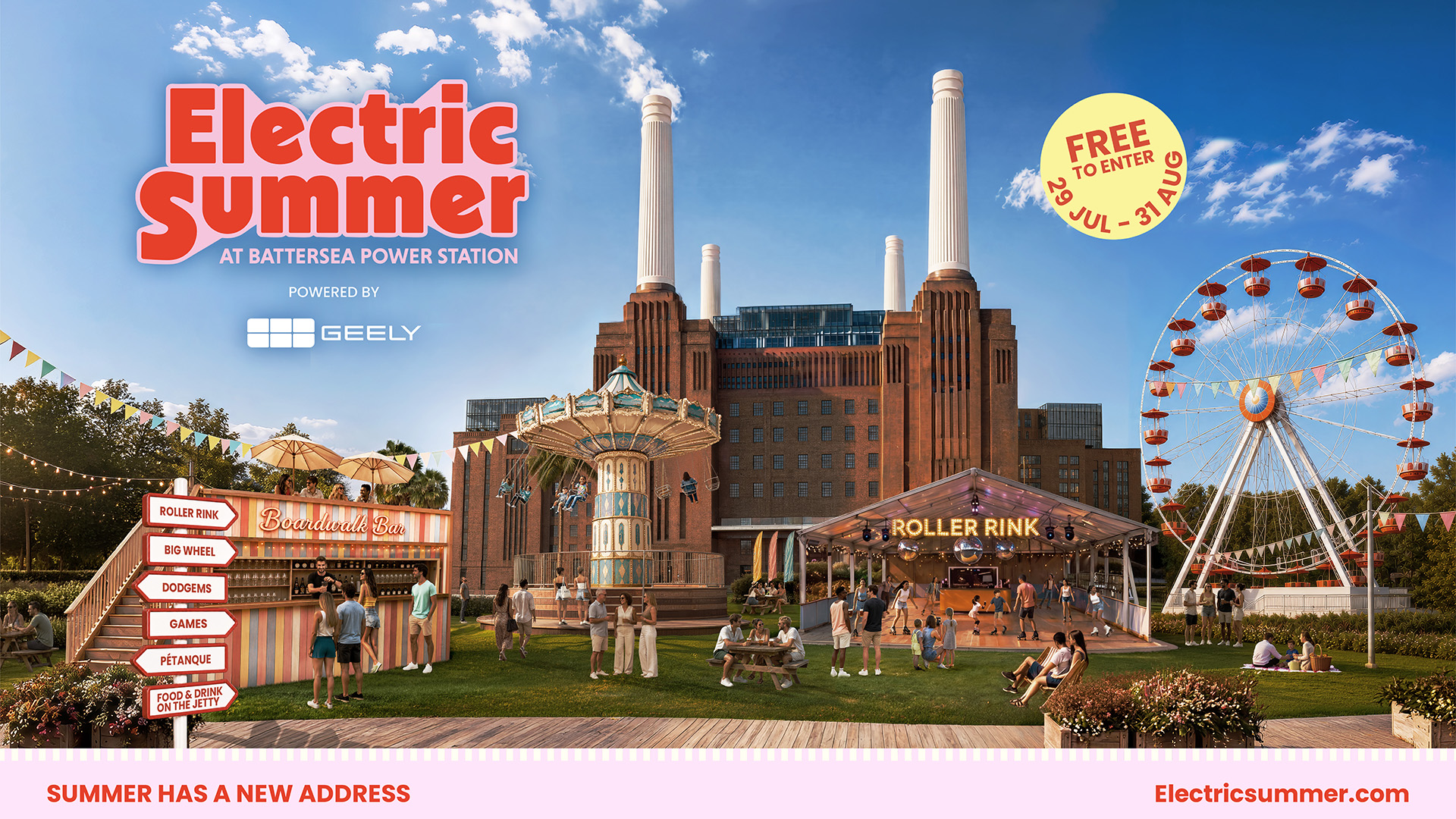 Electric Summer hero campaign artwork at Battersea Power Station