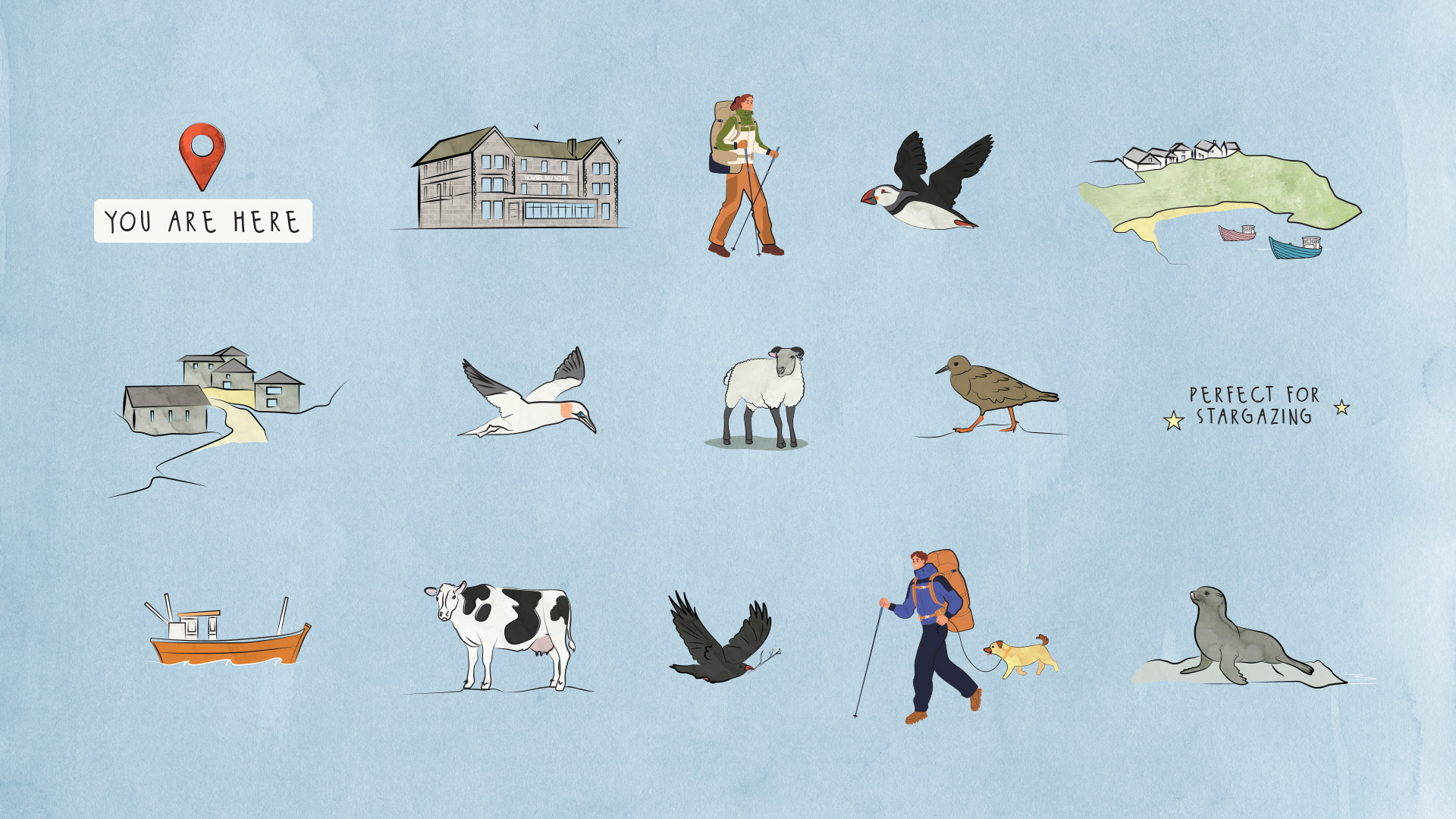 Hand-illustrated landmarks and wildlife from the Housel Bay map