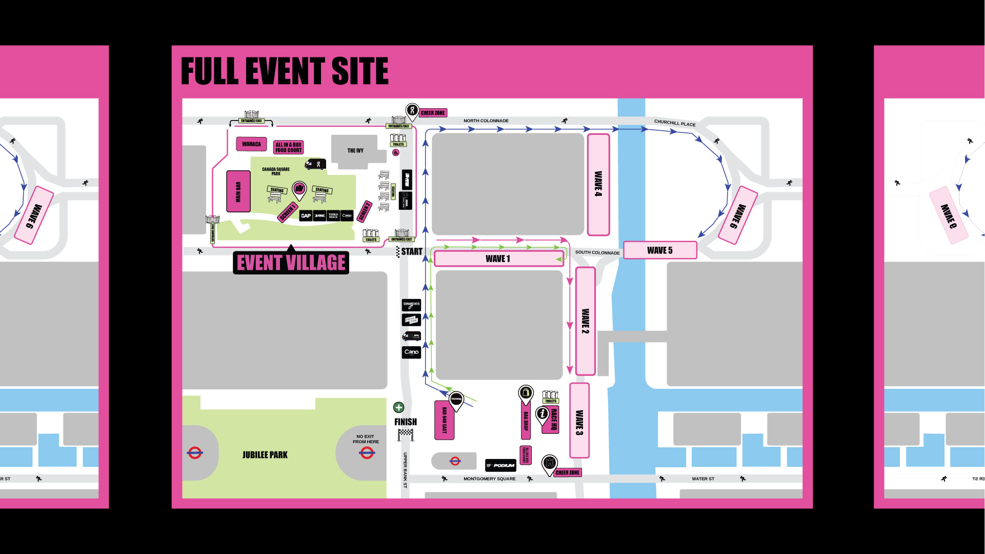 On Running Run the Wharf event village and race route map